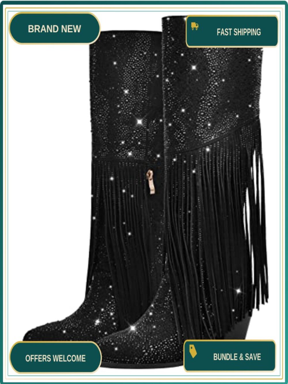 Sparkly Rhinestone Knee High Boots Women Pointed Toe Block Heel Tassel